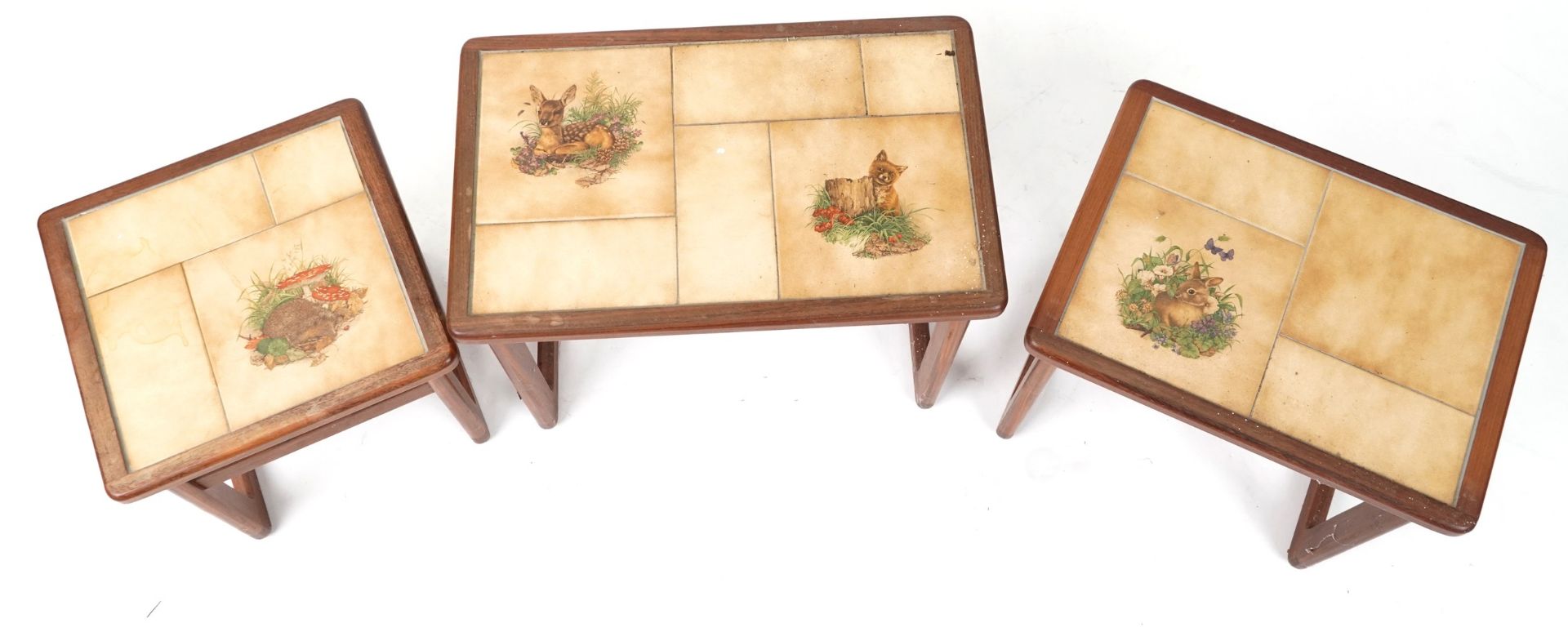 Nest of three mid century tile top coffee tables decorated with wildlife, the largest 43cm H x - Image 3 of 4