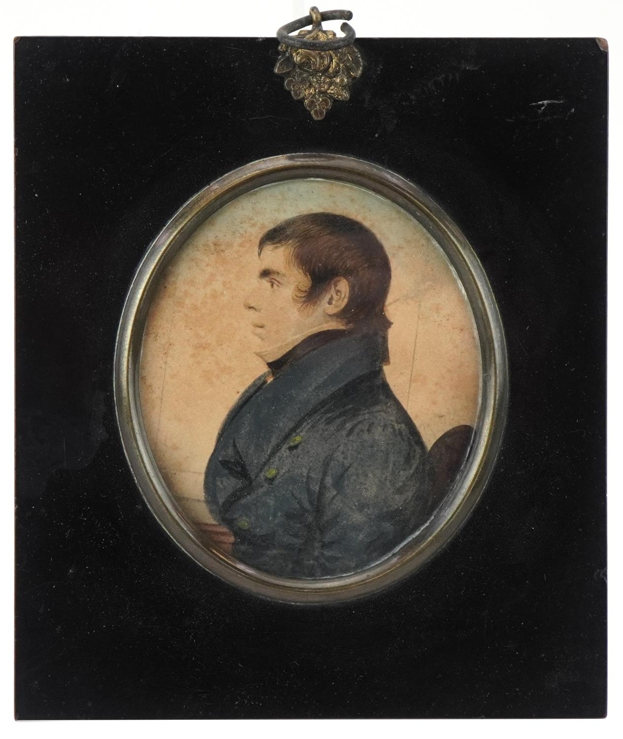 Two 19th century portrait miniatures onto paper of gentlemen, in ebonised frames, the largest 15cm x - Image 4 of 8