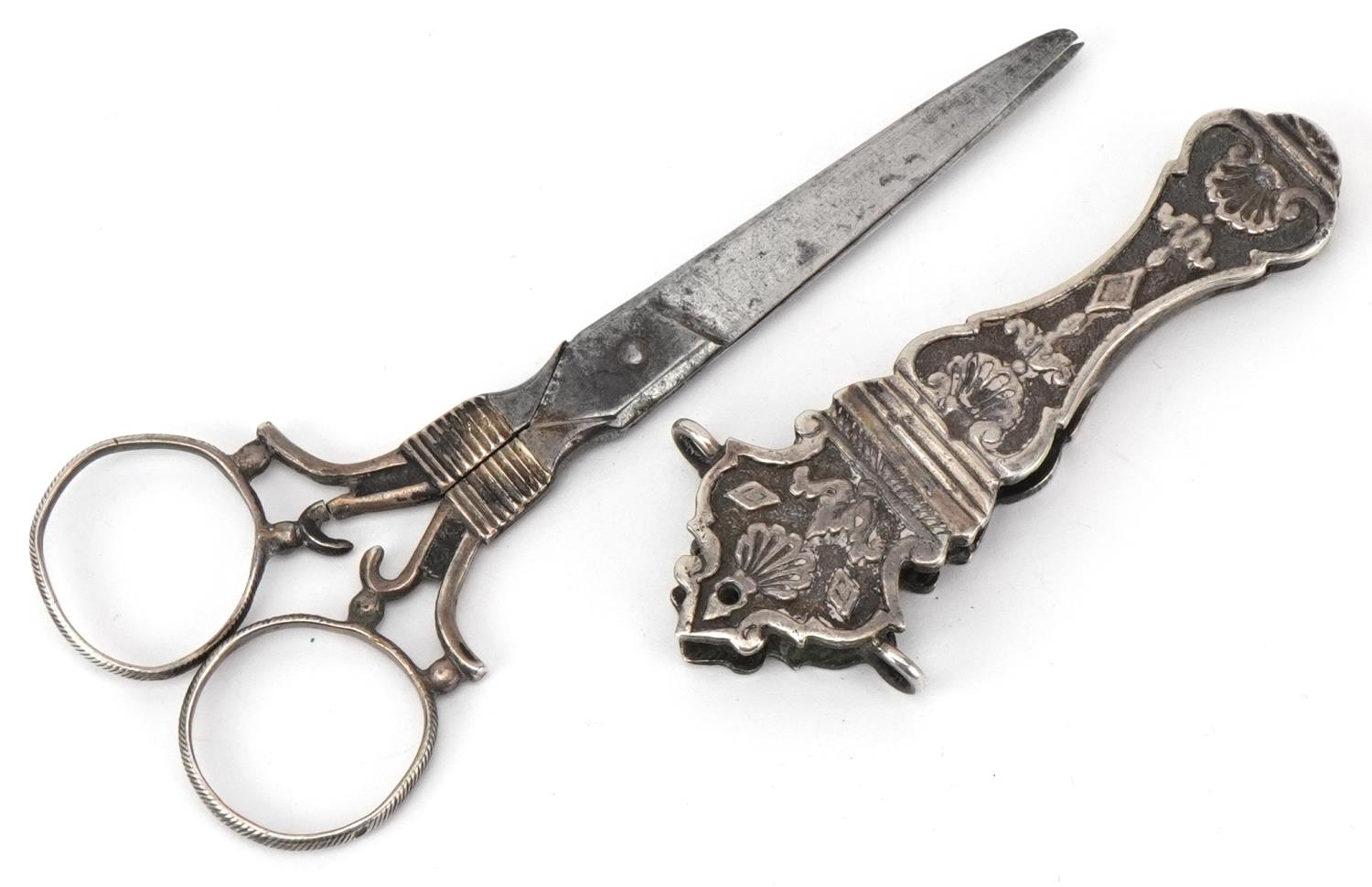 Pair of continental unmarked silver and steel chatelaine scissors with sheath, 11.5cm in length, - Image 2 of 3
