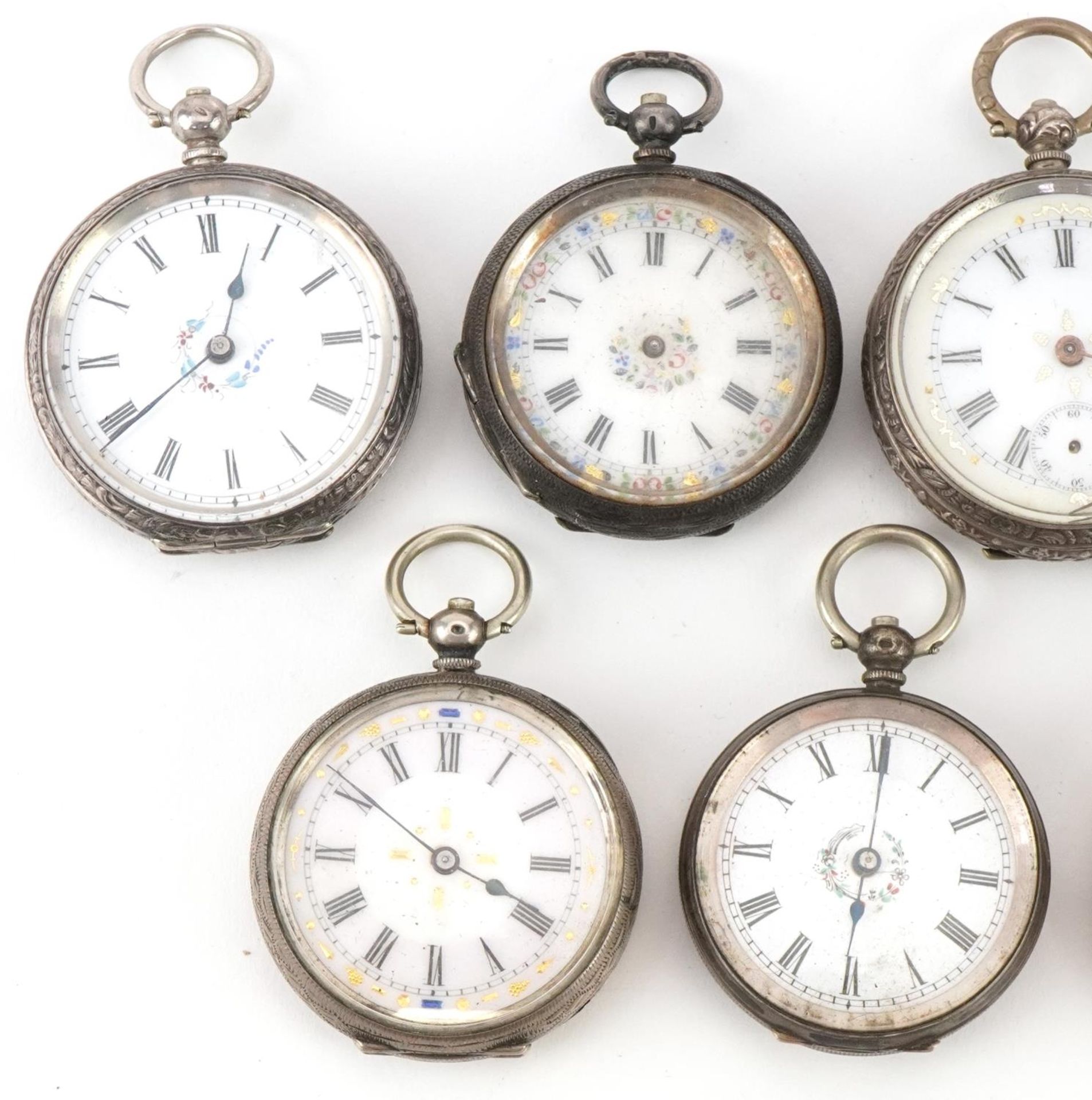 Nine ladies silver open face pocket watches, each having enamelled dial with Roman numerals, the - Bild 2 aus 5