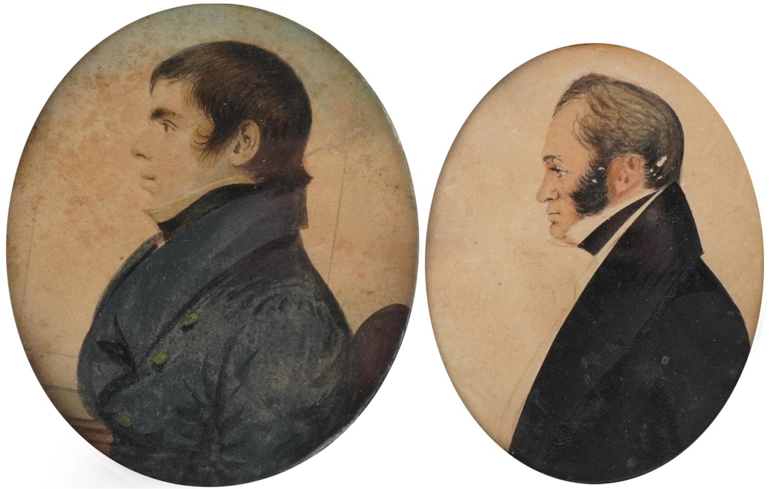 Two 19th century portrait miniatures onto paper of gentlemen, in ebonised frames, the largest 15cm x - Image 2 of 8