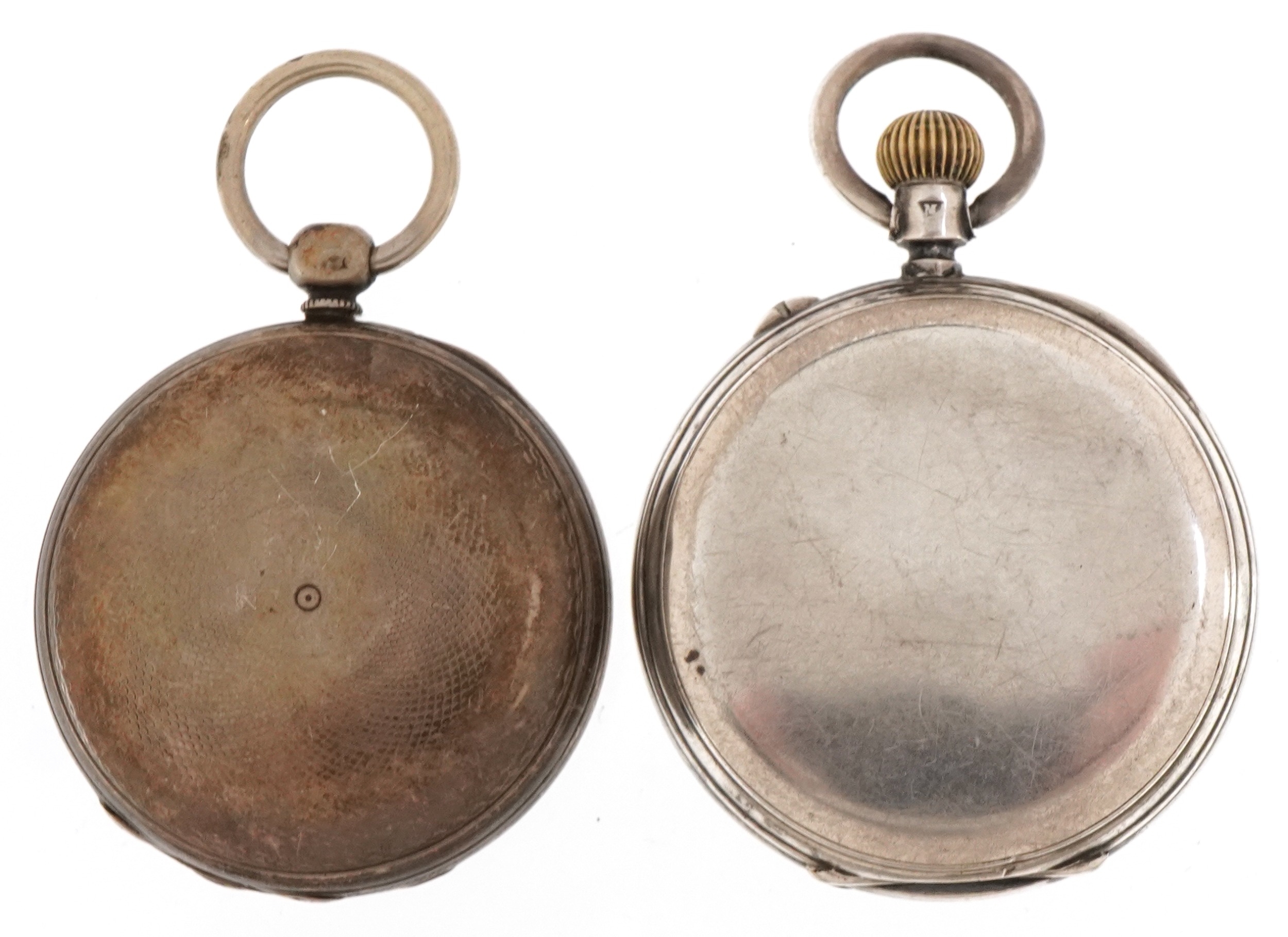 Two Victorian silver keyless pocket watches having enamelled and subsidiary dials with Roman and - Image 3 of 6