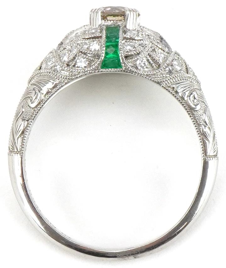 Art Deco style platinum champagne diamond, white diamond and emerald cluster ring, the central - Image 3 of 5
