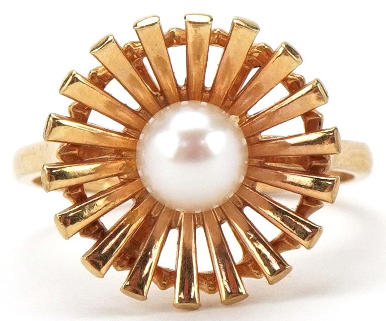 Modernist 9ct gold cultured pearl starburst ring, size P, 3.5g