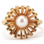 Modernist 9ct gold cultured pearl starburst ring, size P, 3.5g