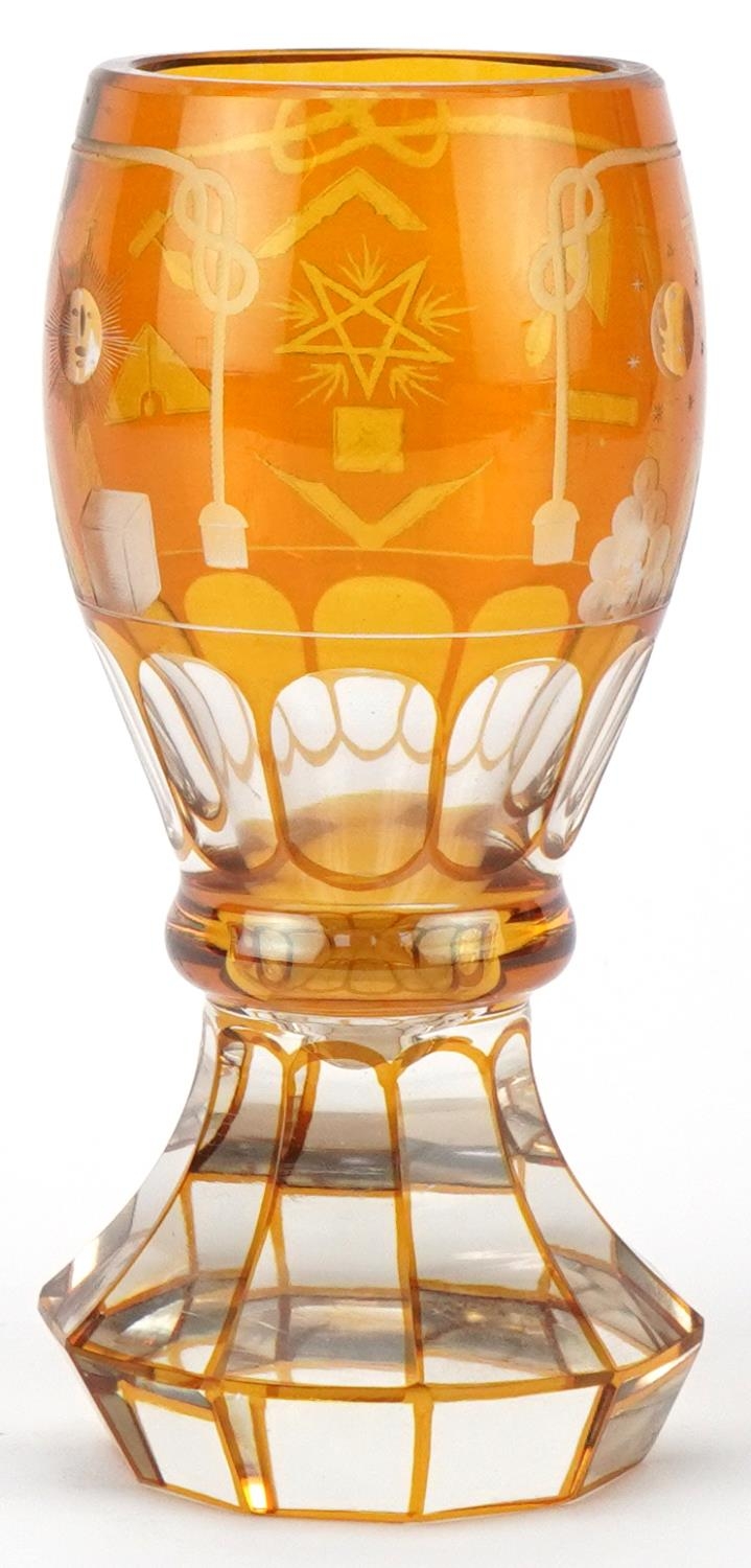 Victorian Masonic amber flashed glass goblet, 15cm high - Image 2 of 3