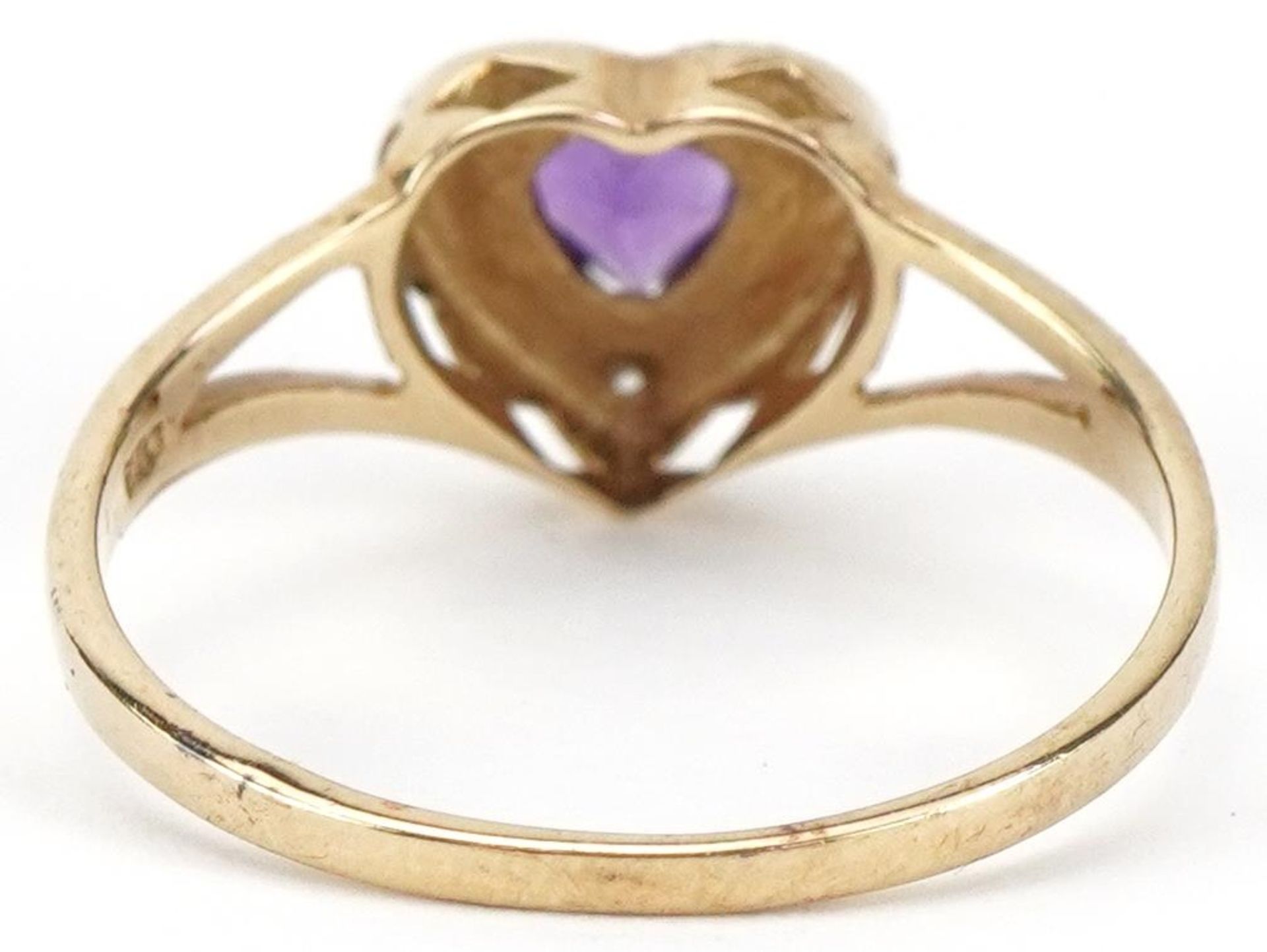 9ct gold amethyst and diamond love heart ring with split shoulders, size M/N, 1.3g - Bild 2 aus 5