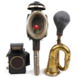 Automobilia interest carriage lantern, Dependence Oldfield limited lantern and a Desmo brass car