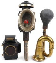 Automobilia interest carriage lantern, Dependence Oldfield limited lantern and a Desmo brass car