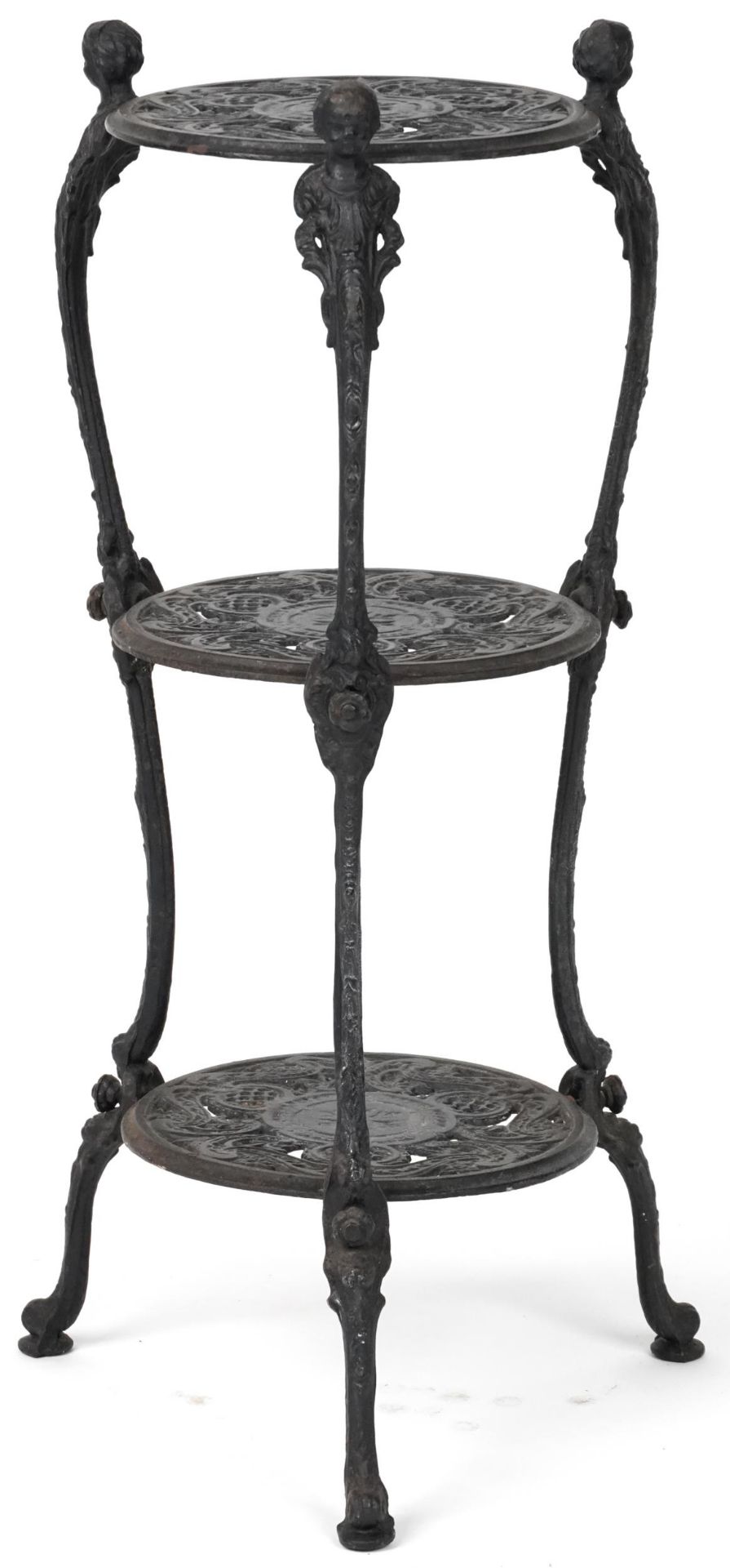 Victorian style cast iron three tier plant stand with figural mounts, 74cm high - Image 2 of 6