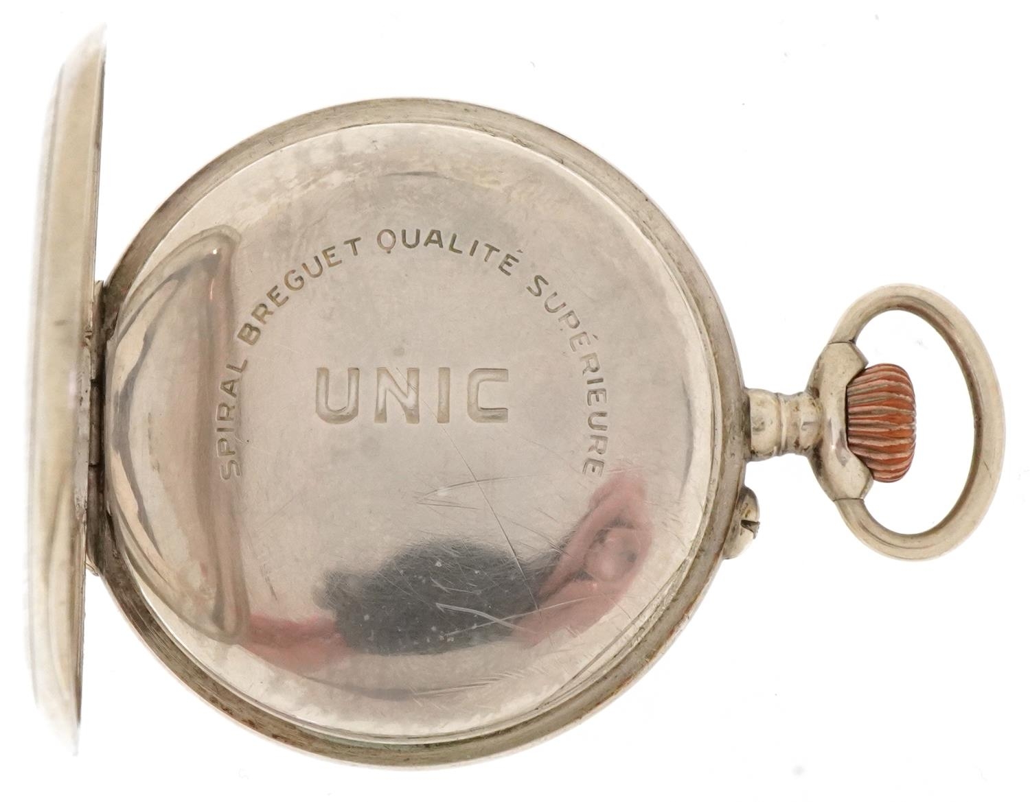 Unic, French Art Deco open face keyless pocket watch having enamelled and subsidiary dials with - Image 4 of 5