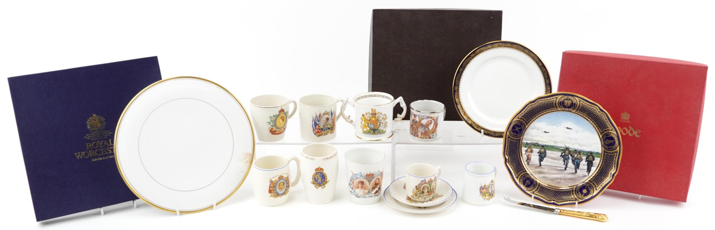 Selection of commemorative china including enamelled beakers, loving cup Worcester tazza and boxed