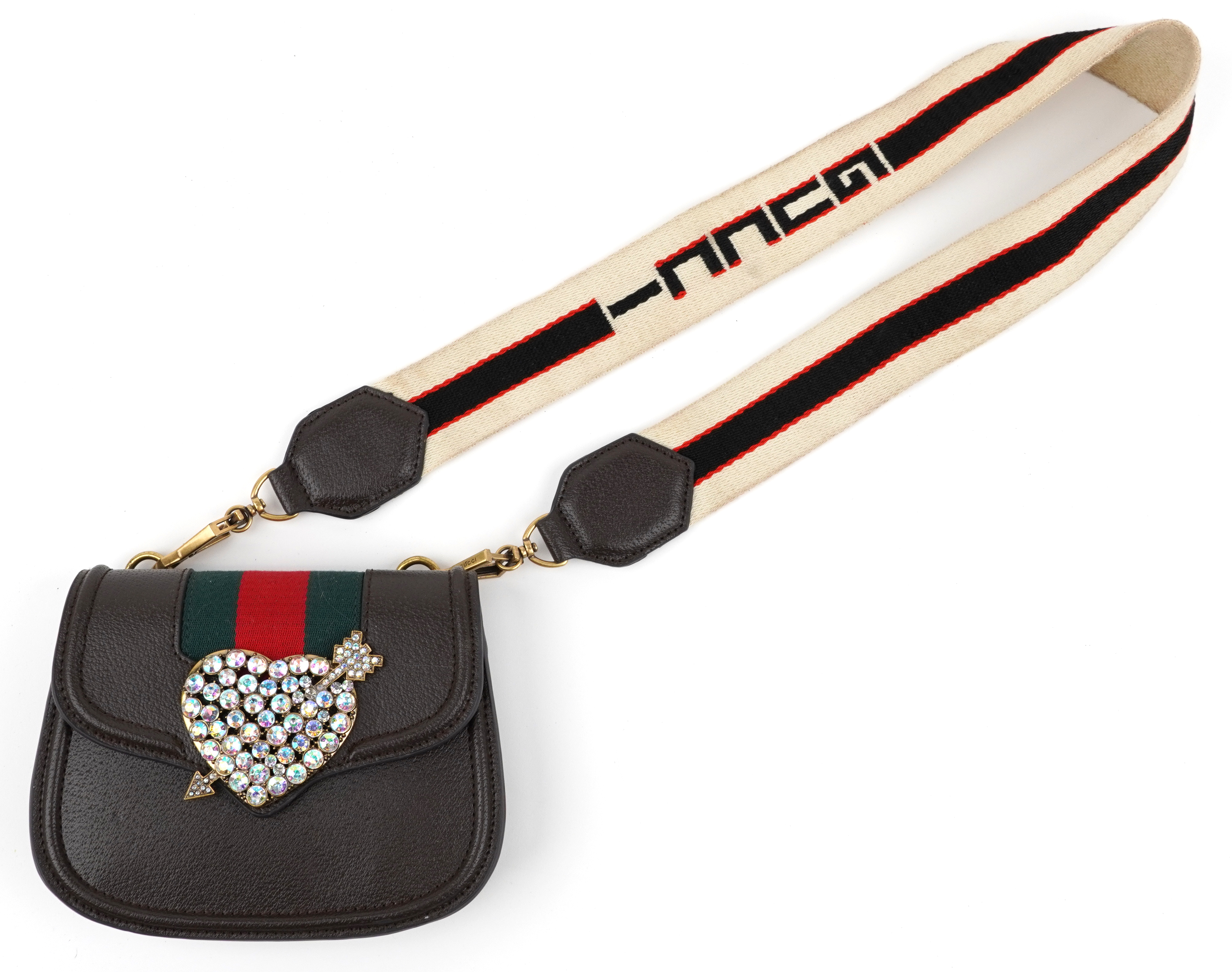 Gucci, brown leather shoulder bag with love heart and arrow set with colourful stones, 20.5cm wide - Image 3 of 9