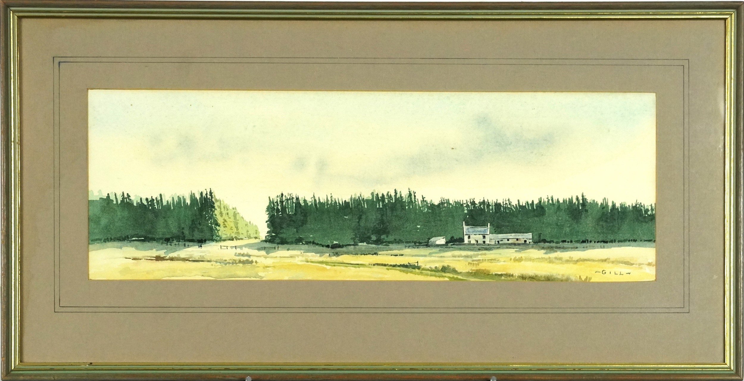 Gill - Farmhouse with outbuildings, panoramic watercolour, mounted, framed and glazed, 51.5cm x 17. - Image 2 of 4