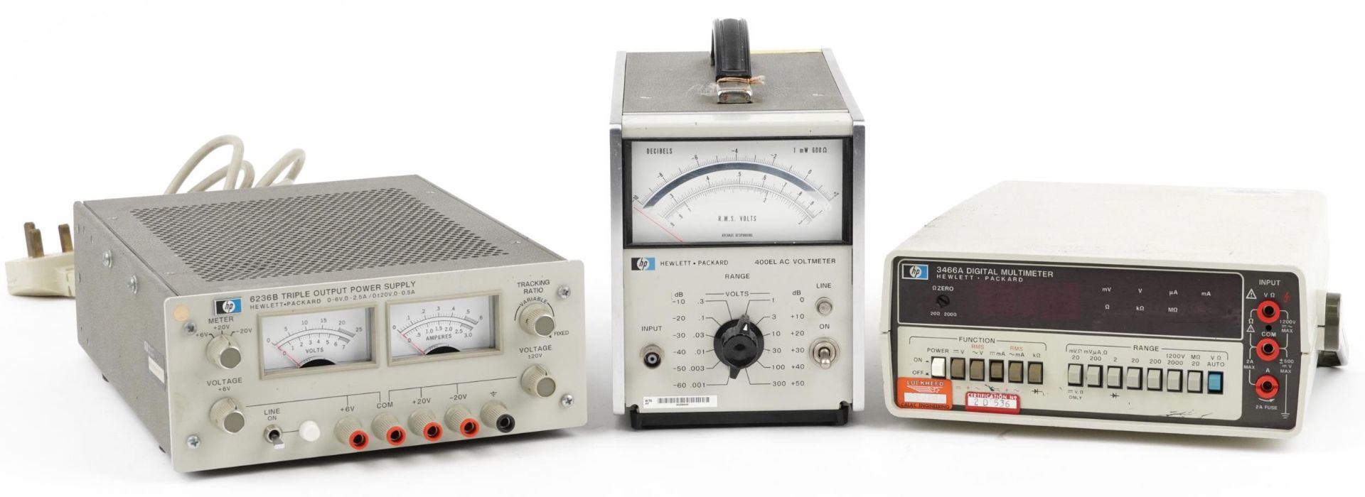 Vintage Hewlett Packard electrical power supplies and multi-meters comprising 6236B triple output