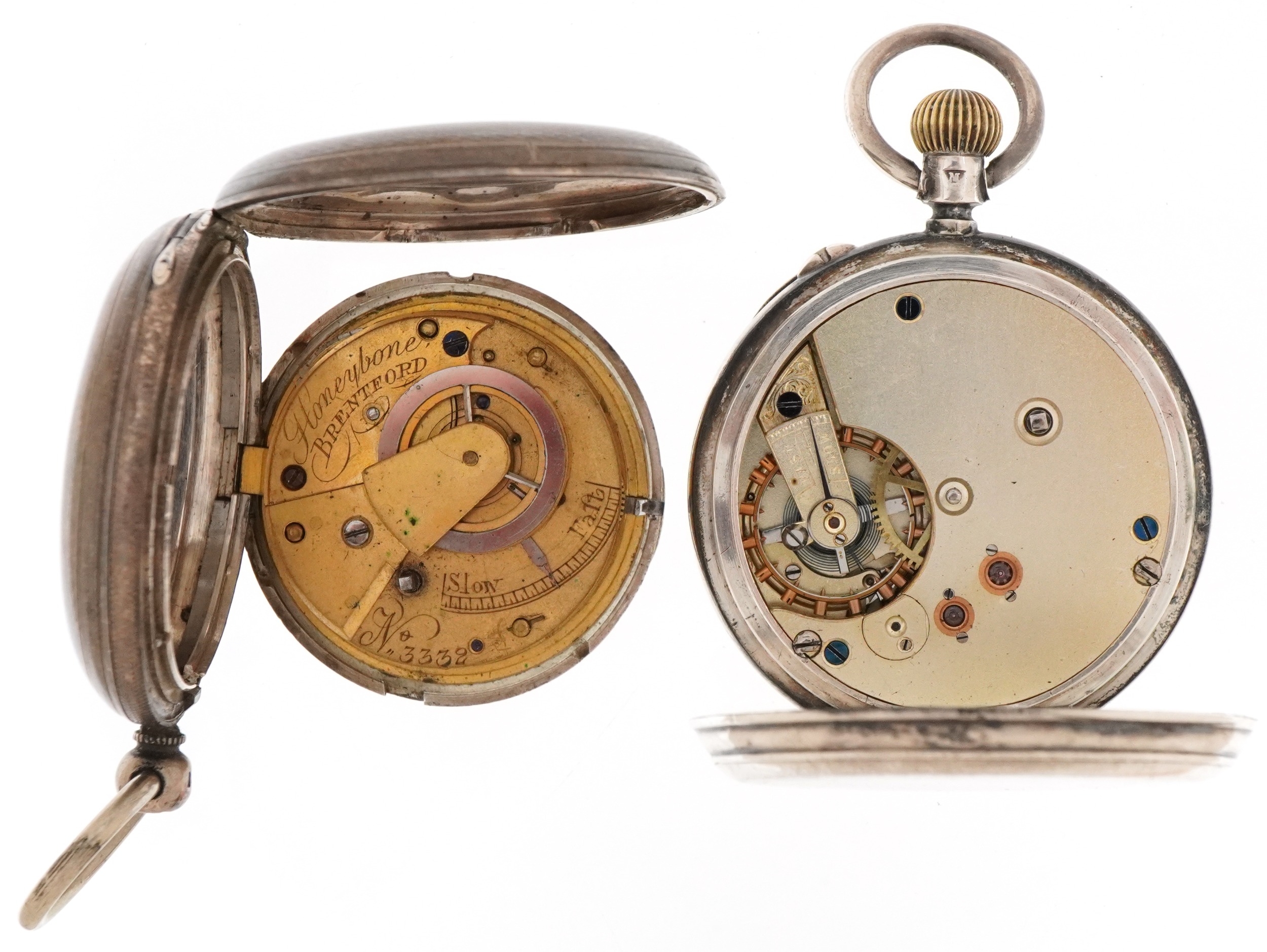 Two Victorian silver keyless pocket watches having enamelled and subsidiary dials with Roman and - Image 4 of 6