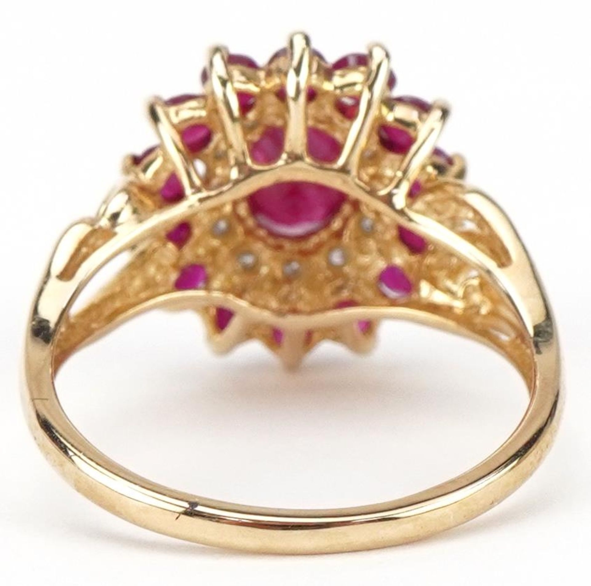 9ct gold ruby and diamond three tier cluster ring, size P, 3.5g - Bild 2 aus 5