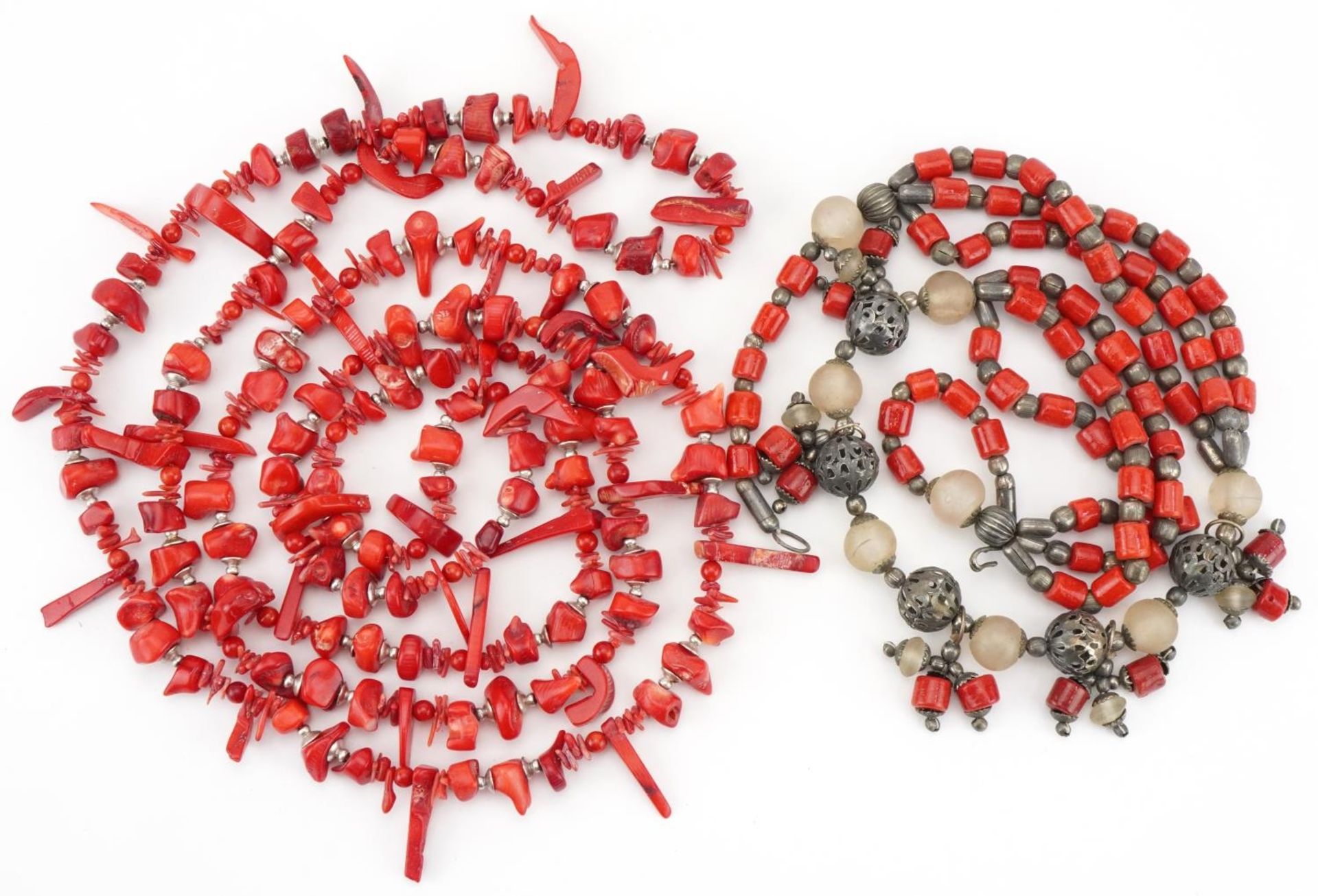 Two natural pink coral necklaces, one with white metal and glass bead spacers, the largest 154cm - Image 2 of 2