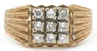 9ct gold clear stone square cluster ring with embossed shoulders, size S, 3.4g