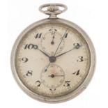 Art Deco gentlemen's white metal open face keyless chronograph pocket watch having silvered and
