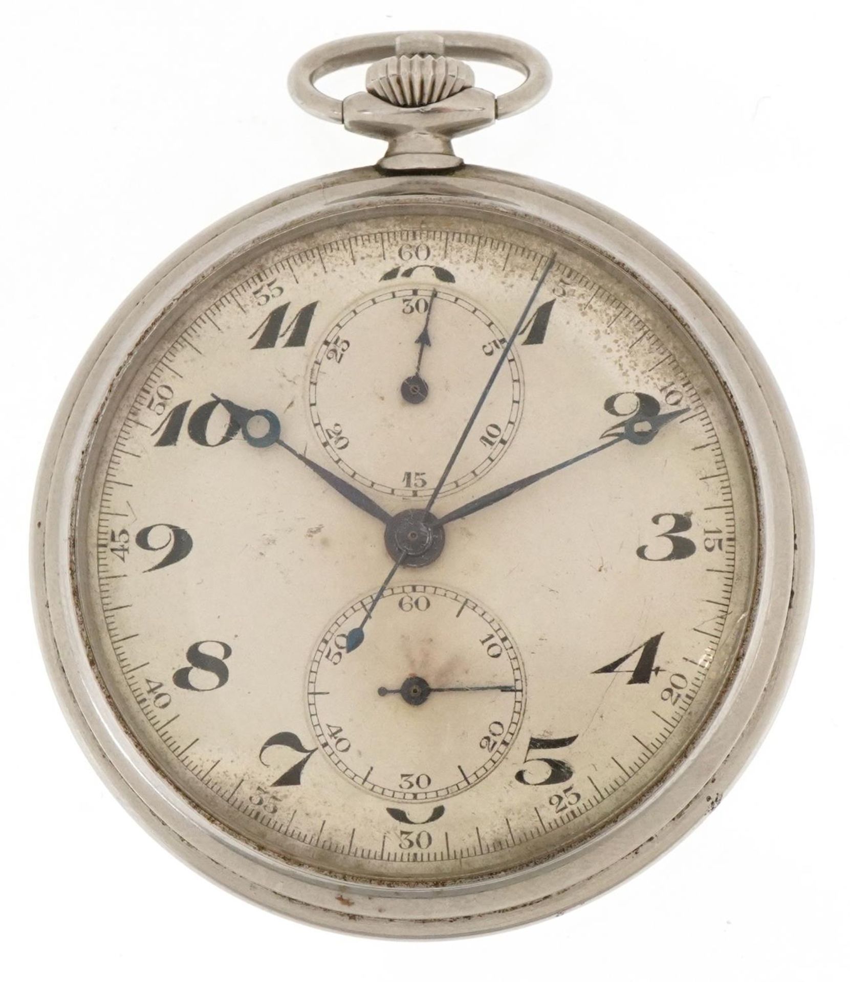 Art Deco gentlemen's white metal open face keyless chronograph pocket watch having silvered and