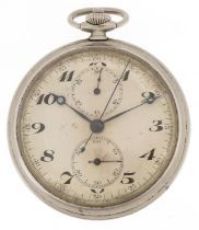 Art Deco gentlemen's white metal open face keyless chronograph pocket watch having silvered and