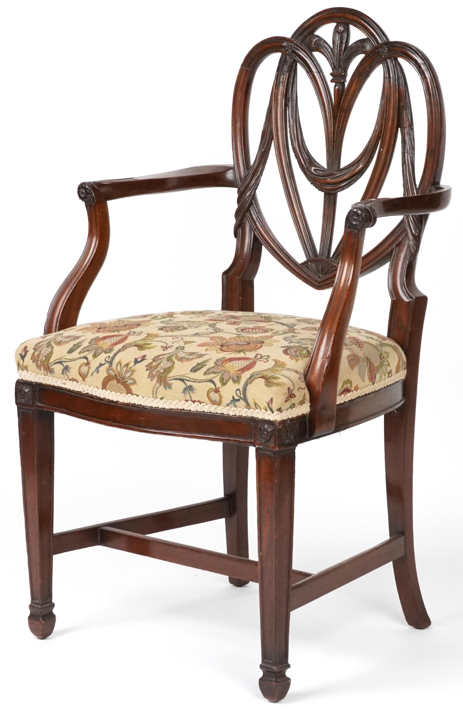 Victorian mahogany open armchair with tapestry upholstered cushioned seat on tapering legs, 98cm