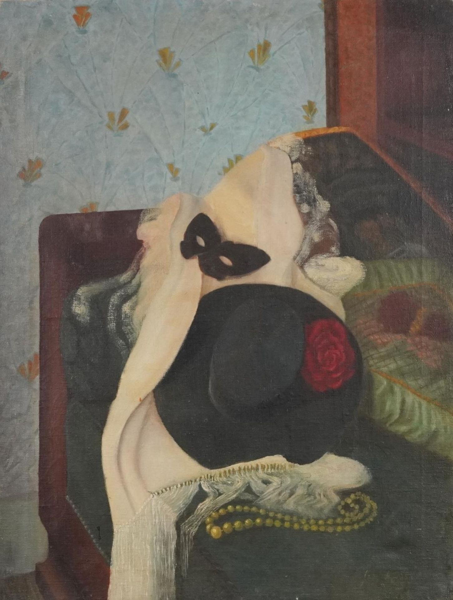 Boudoir interior with Harlequin mask, oil on canvas, unframed, 60.5cm x 46.5cm