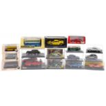 Collection of diecast vehicles with boxes including Oxford Omnibus, Hot Wheels and Revell