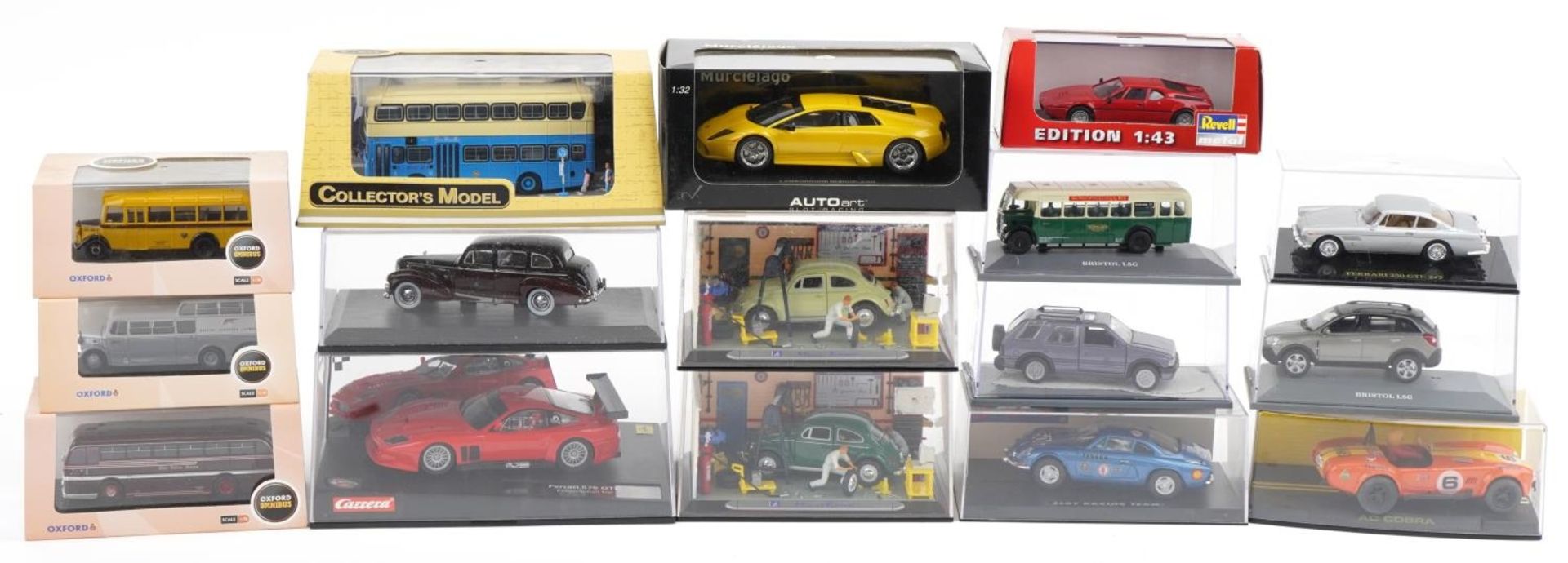 Collection of diecast vehicles with boxes including Oxford Omnibus, Hot Wheels and Revell