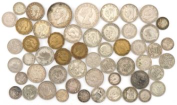 Assorted silver and later coinage including sixpences and threepenny pieces, George V and later