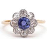 18ct gold diamond and sapphire flower head ring housed in a W Bruford & Son Ltd Eastbourne