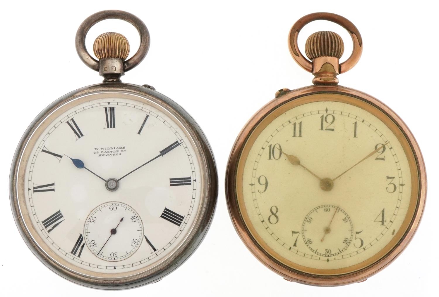 Two gentlemen's open face keyless pocket watches, one silver by W Williams, each having enamelled