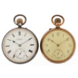 Two gentlemen's open face keyless pocket watches, one silver by W Williams, each having enamelled