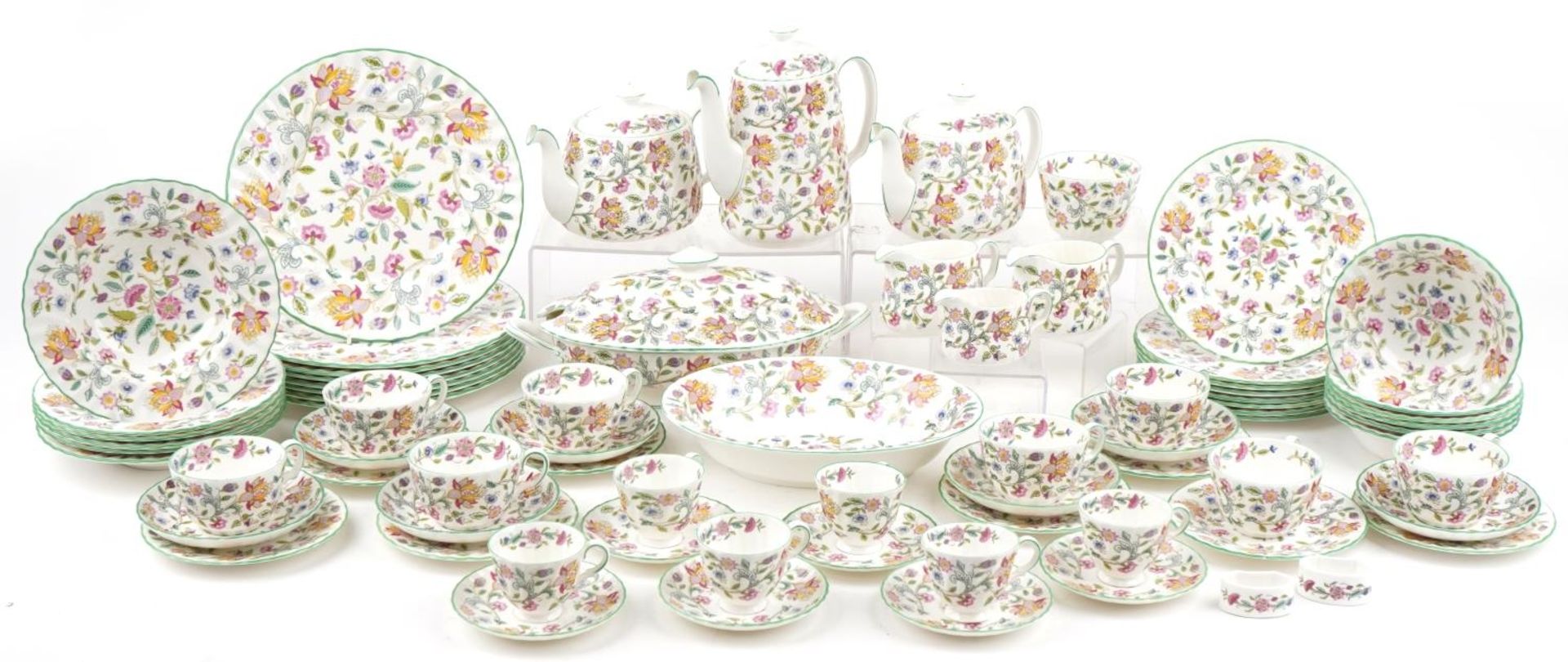 Minton Haddon Hall dinner and teaware including lidded tureen, two teapots, coffee pot, cups,