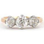 18ct gold and platinum diamond three stone ring, total diamond weight approximately 1.20 carat, size