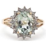 9ct gold aquamarine and diamond cluster ring, size N, 2.8g