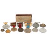 Commemorative medals including Edward VII, George VI, George V and Queen Mary and George III brass