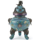 Chinese patinated bronze tripod censer with pierced cover and qilin knop, profusely enamelled with