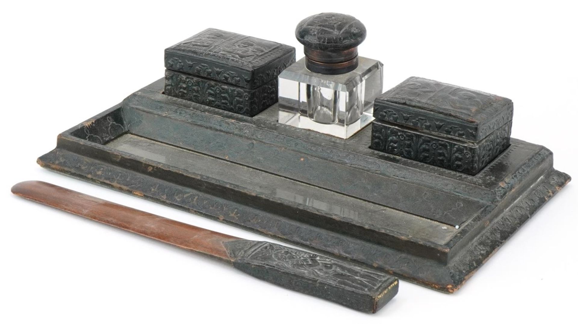 19th century European leather desk stand with two boxes, inkwell and letter opener embossed with - Image 2 of 6