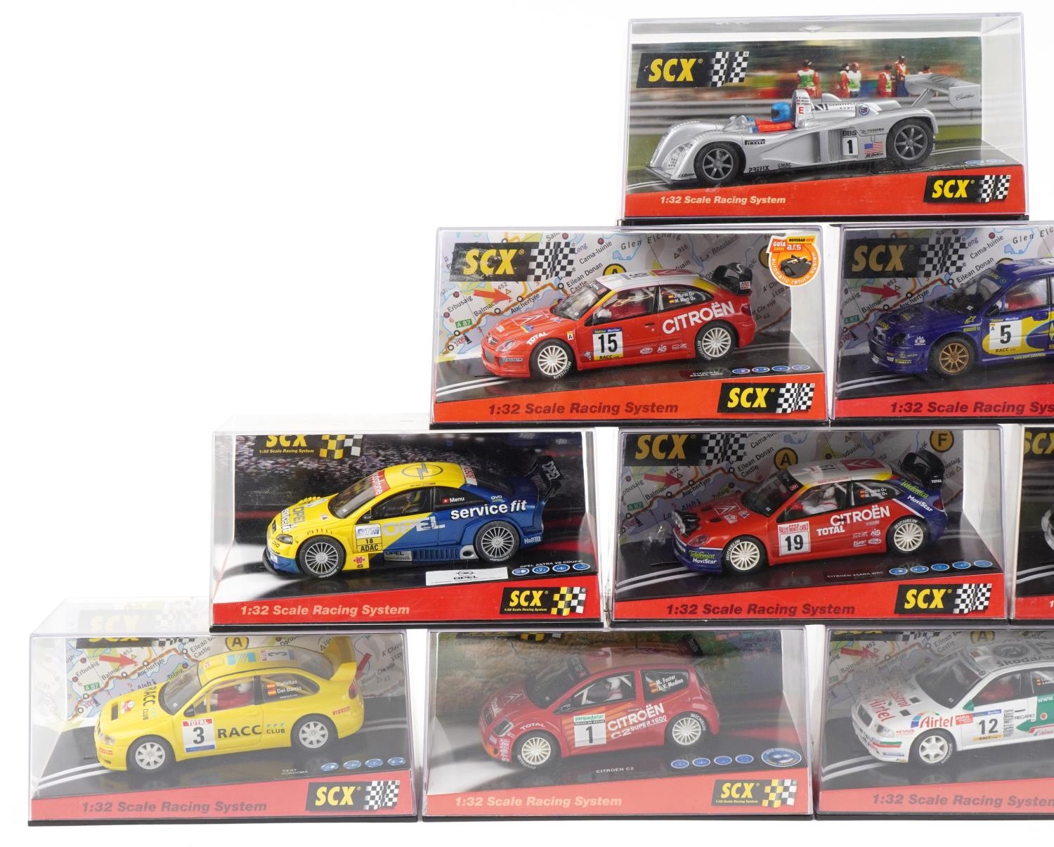 Ten Matchbox SCX 1:32 scale model slot cars with cases including Citroen C2, Mitsubishi Lancer and - Image 2 of 3
