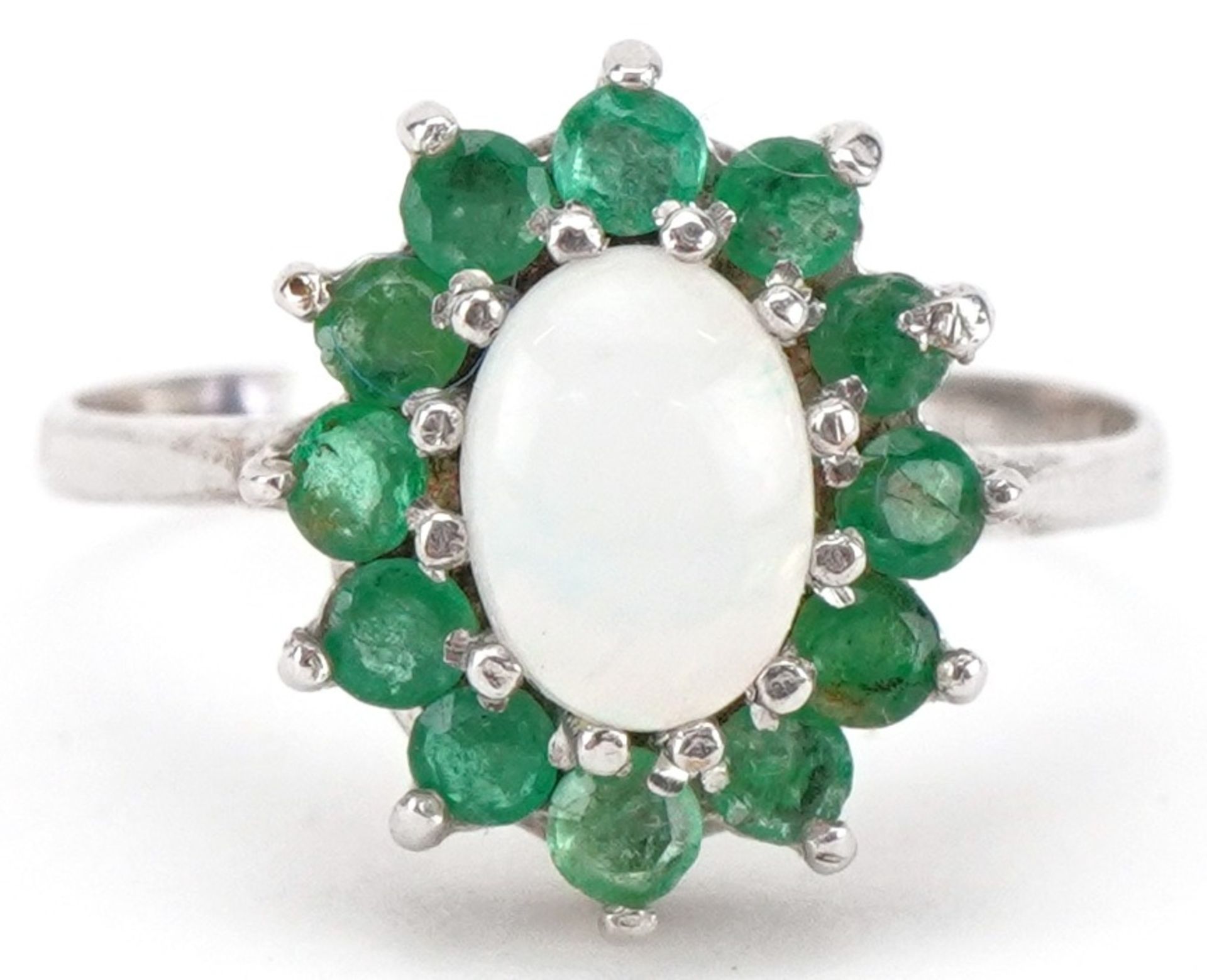 9ct white gold cabochon opal and emerald cluster ring, size L, 2.1g