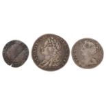 Early hammered silver coin, Queen Anne silver coin and a George II 1758 silver coin