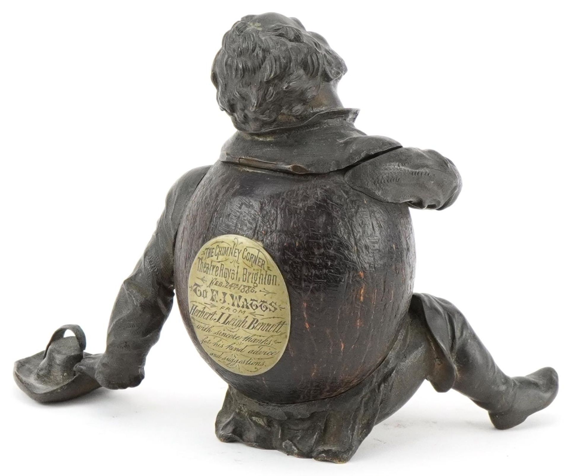 Victorian theatrical interest bronze and carved wood inkwell of Falstaff with appreciation plaque - Bild 4 aus 6
