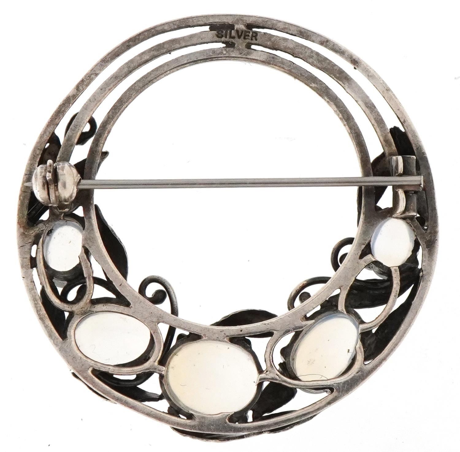 Attributed to Bernard Instone, Arts & Crafts silver floral brooch set with five cabochon moonstones, - Image 2 of 3