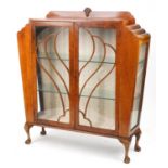Art Deco inlaid walnut fan design display cabinet with glazed doors on claw and ball feet, 130cm H x