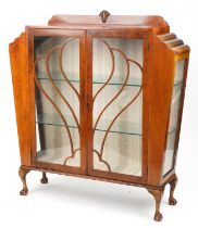 Art Deco inlaid walnut fan design display cabinet with glazed doors on claw and ball feet, 130cm H x