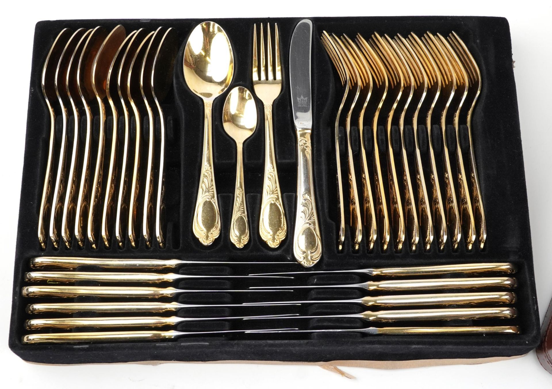 German SBS canteen of gold plated cutlery housed in a brown leather brief case, 45.5cm wide - Image 2 of 8