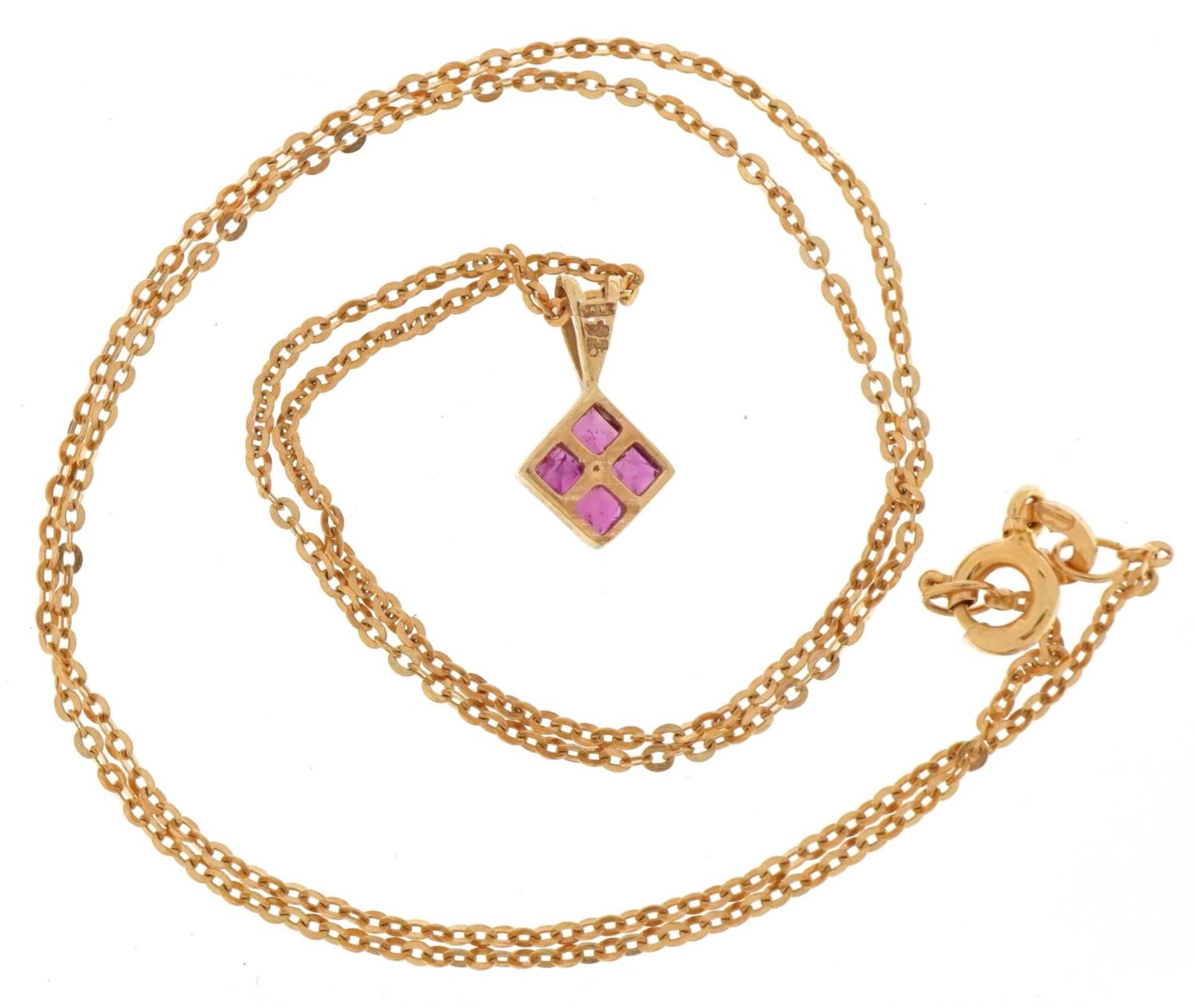 9ct gold pink spinel and diamond pendant on a Italian Unoaerre 14ct gold necklace, 1.3cm high and - Image 3 of 4