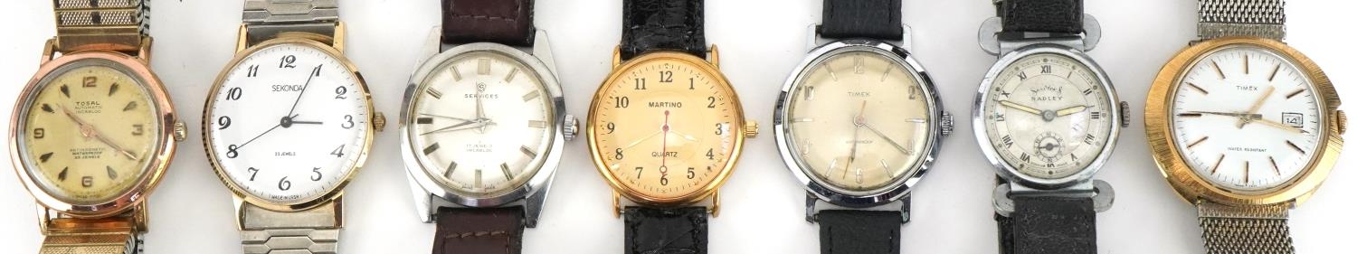 Seven vintage and later gentlemen's wristwatches including Services, Timex, Tosal and Sekonda, the